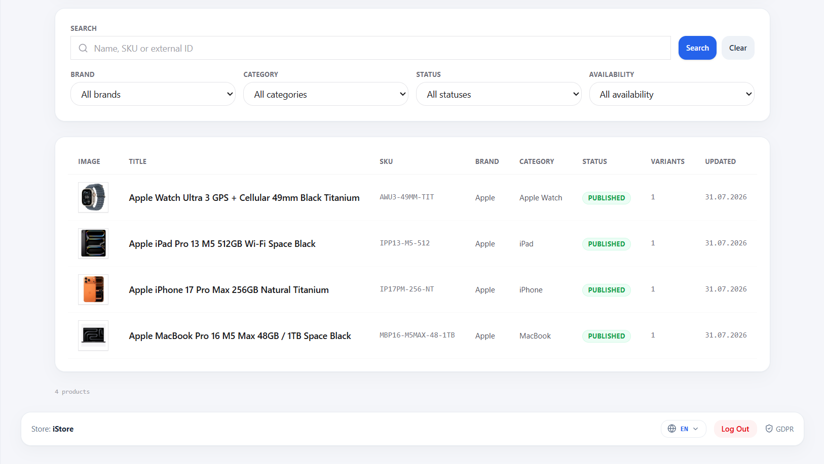 Liste des produits du catalogue iStore