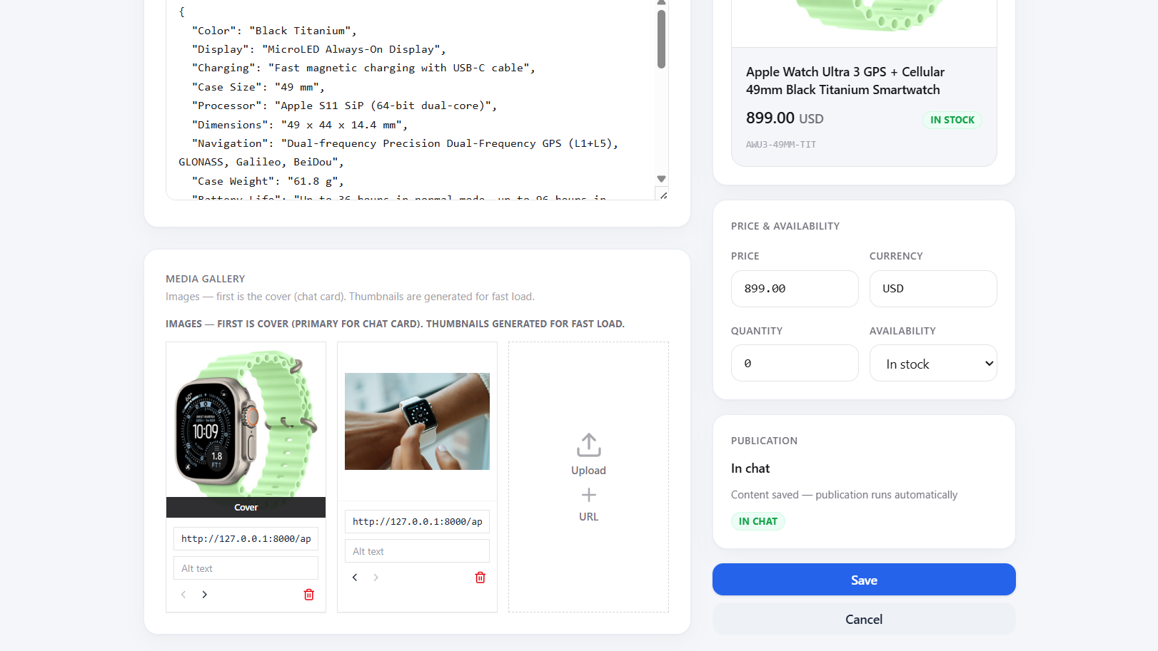 Galerie média et statut de publication dans le chat