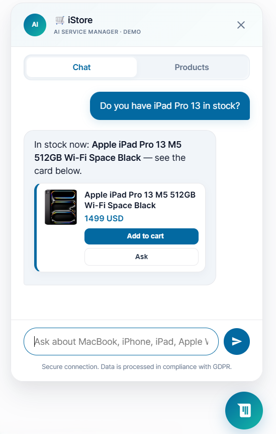 Chat iStore : réponse avec fiche produit et bouton Ajouter au panier